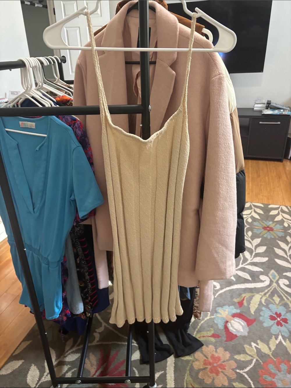 Free People Cream Ribbed Knit Mini Slip Dress
